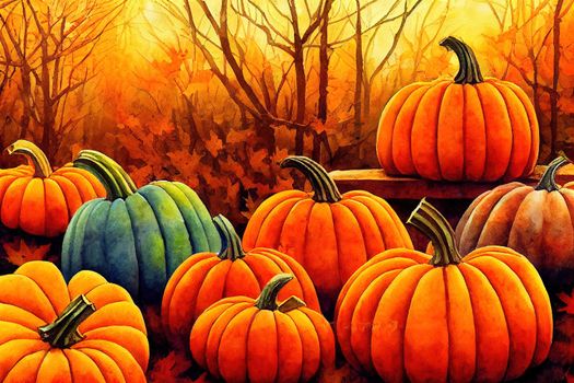 Watercolor autumn pumpkin composition, perfect to use on the web or in print , anime style
