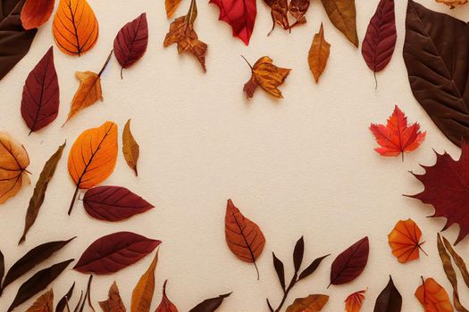 Autumn composition Frame made of autumn things on pastel beige background Flat lay, top view, copy space , anime style