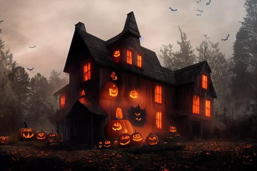 Black and orange house with Halloween theme, 3d illustration