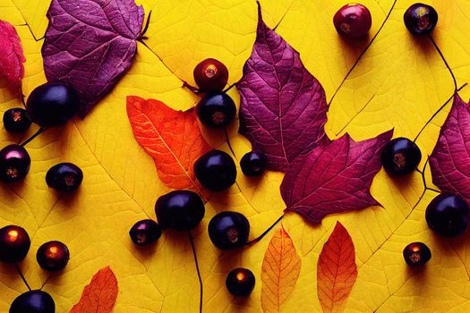 Autumn composition Yellow leaves, black ashberry and physalis on a white background Flat lay, top view, copy space , anime style