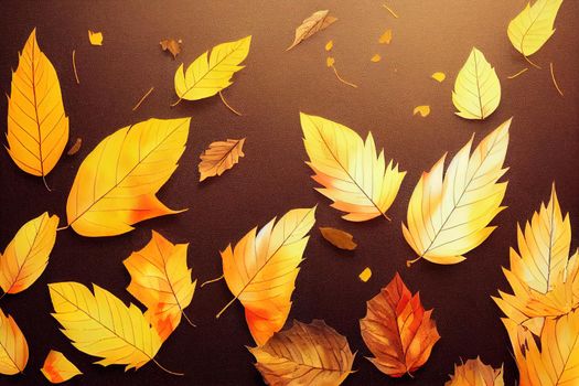 Autumn composition Fallen yellow and brown leaves Top view Minimal concept Copy space , anime style