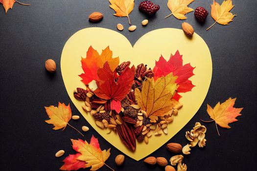 Heart shaped Autumn chalkboard frame, leaves, flowers, berries, grain and nuts Thanksgiving and Halloween vivid nature composition with natural flora On yellow background Flat lay , anime style