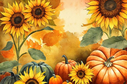 Autumn watercolor illustration Hand drawn sunflower, pumpkins and twigs arranged in a border Fall, harvest Design for text , anime style
