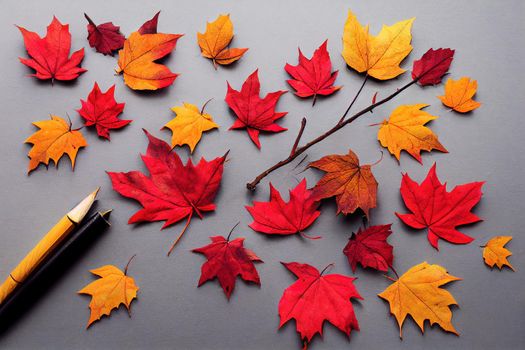 Autumn composition Maple leaves, branch on gray background Autumn, fall, thanksgiving day concept Flat lay, top view, copy space , anime style