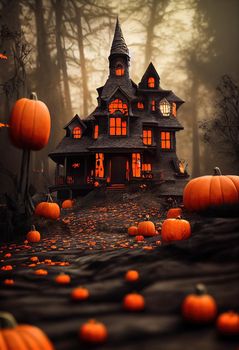 Black and orange house with Halloween theme, 3d illustration