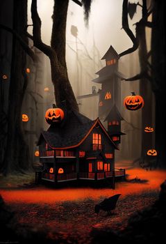 Black and orange house with Halloween theme, 3d illustration