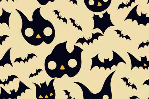 Halloween seamless pattern. Raster illustration of Halloween party. Ghost, gloomy castle, pumpkin and bat on a dark background. Raster cartoon seamless pattern.