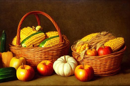 Autumn harvest basket with corn, apples, zucchini and peppers Still life composition , anime style