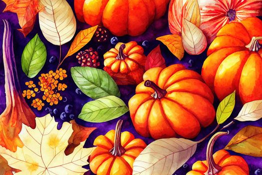 Watercolor autumn composition made of pumpkin, berries, colorful flowers and leaves isolated , anime style