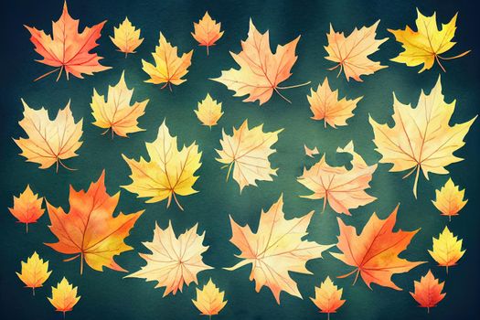 Beautiful autumn set with watercolor hand drawn colorful maple leaves Stock illustration , anime style