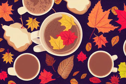 Autumn composition Hot chocolate, knitted blanket, autumn leaves Flat lay, top view, close up , anime style