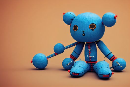 Cute voodoo doll for children toy with blue colored and blue background. 3D Illustration. 3D Rendering