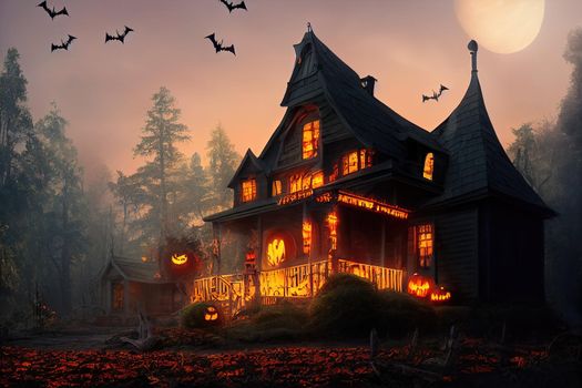 Black and orange house with Halloween theme, 3d illustration