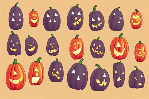 Set of halloween ghosts. Halloween scary spirits with pumpkins in different poses. Halloween ghosts isolated flat Raster illustrations.