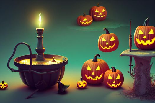 set of Happy Halloween with witch cauldron, hat, broom, lantern, skull and potion bottle isolated on white background, 3d rendering.