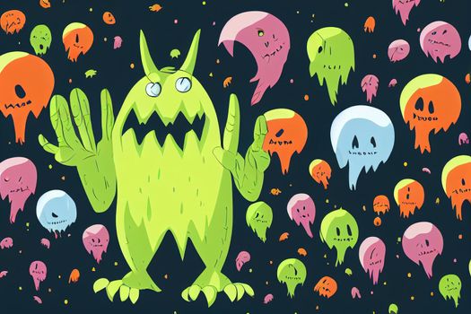 Angry cartoon monster character pop up and waving hands Illustration of scary alien creature Halloween party design isolated, Anime Style