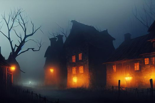 Hunted Village dark and foggy, dark village with heavy fog Halloween concept design, horror scary atmosphere of medieval style village during the black plague death 3d rendering