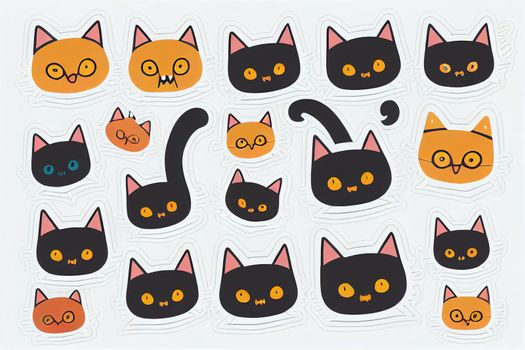 Draw Raster illustration character design collection stickers cute cat for halloween Doodle cartoon style