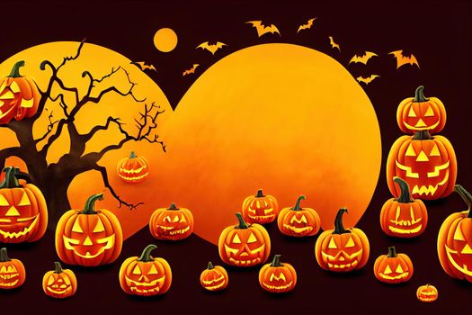 3D illustration of Halloween theme banner with group of Jack O Lantern pumpkin and paper graphic style of spooky tree and owl on background.