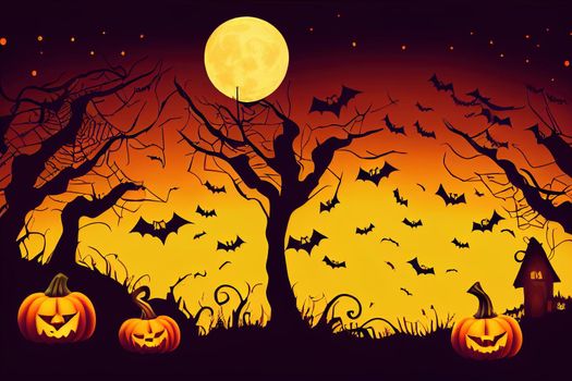 Halloween holiday on October 31 pumpkin on the background of a night field with trees moon and bats in Raster. Halloween themed illustration in Raster. Posters and postcards for Halloween.