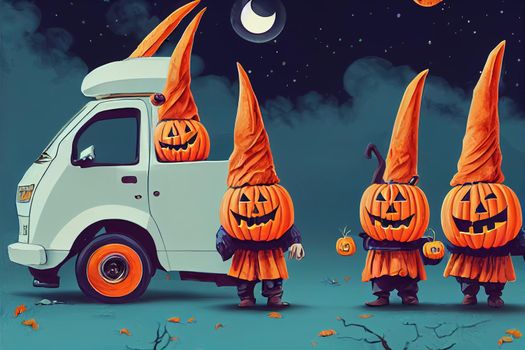 Halloween card Three gnomes inside a vehicle celebrating halloween Isolated , Anime Style