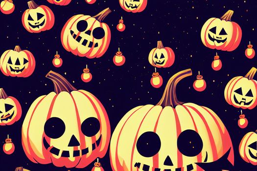 Poster with festive decorative lights and glowing pumpkins with scary faces Autumn unusual illustration for party halloween or festival, Anime Style