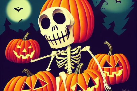 Cute halloween skeleton cartoon. Skeleton in halloween day. Halloween character cartoon. Happy halloween greeting card.