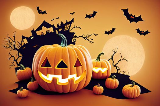 Happy Halloween. Group of 3D illustration pumpkin on treat or trick fun party celebration background with paper graphic cloud.