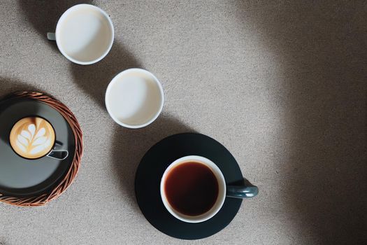 Flat lay composition with cup of hot drink and autumn leaves on grey table, space for text Cozy atmosphere , anime style