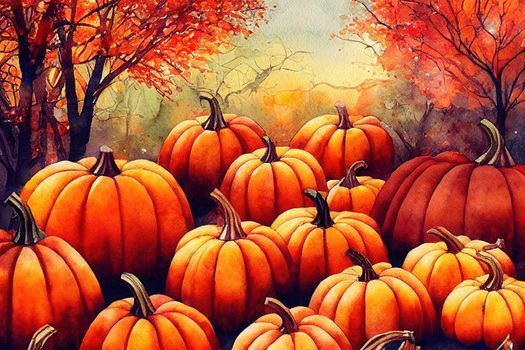 Watercolor autumn pumpkin composition, perfect to use on the web or in print , anime style