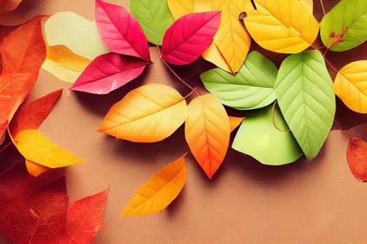 Hello October Autumn composition top view on autumn bright colorful leaves with paper sheet and place for text , anime style