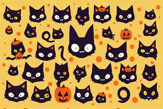 Big set of Halloween stickers. Raster set of Halloween cats. Cute cats in Halloween costumes. Set of characters of cats, spider, candy, balloon, bat. Flat design. Cartoon Halloween character.