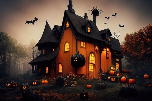 Black and orange house with Halloween theme, 3d illustration