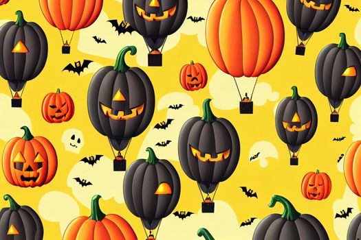 Background for Halloween with Halloween Ghost Balloons and Pumpkin.Scary air balloons,bat,candy and Halloween Elements on yellow background.Website spooky,Background or banner Halloween template