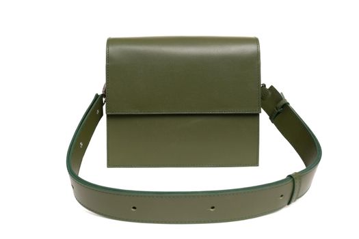 women's leather bag of rectangular shape with a large belt in dark green color.