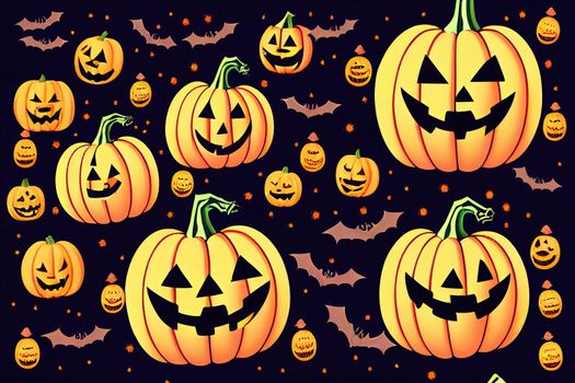 Happy Halloween party posters set with night clouds and pumpkins in paper cut style. Raster illustration. Full moon, witch cauldron, spiders web and flying bat. Place for text. Brochure background