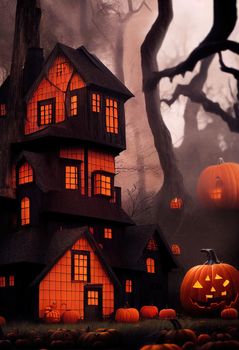 Black and orange house with Halloween theme, 3d illustration