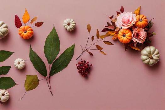 Autumn creative composition eucalyptus, berries, leaves, roses, flowers on pastel pink background Thanksgiving Day concept Fall, autumn background Flat lay, top view, copy space , anime style