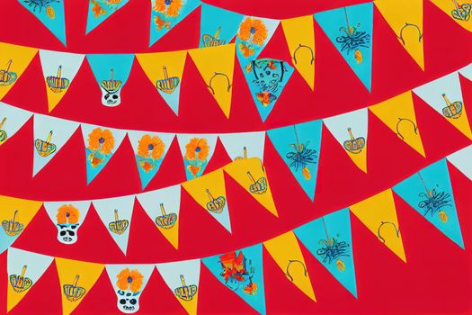 Paper flags, Raster Mexican Day of the Dead papel picado bunting. Mexico Dia de los Muertos or Halloween holiday garland with cut out ornaments of skeleton skull, sombrero, marigold flower and bird