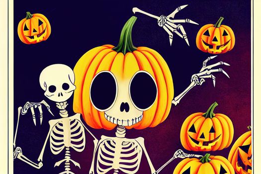 Cute halloween skeleton cartoon. Skeleton in halloween day. Halloween character cartoon. Happy halloween greeting card.