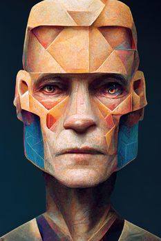 Polygonal human face into cyborg head, 3d illustration