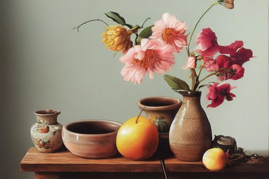 Still life with flower in the pottery vase on rustic wooden table, Choose a focal point, for write , anime style