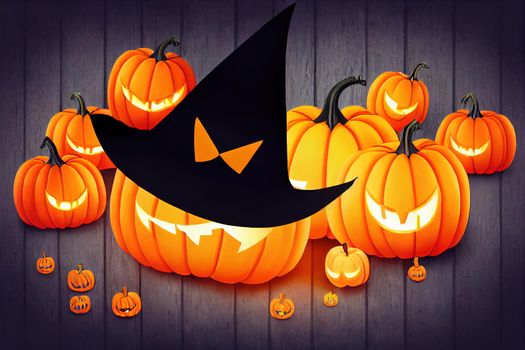 Orange ghost pumpkins with witch hat on gray wooden board background with bat halloween concept , anime style