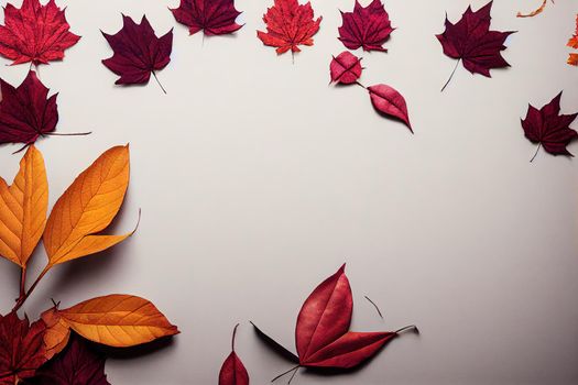 Autumn composition Frame made of cotton flowers, dried maple leaves on pastel gray background Autumn, fall concept Flat lay, top view, copy space , anime style