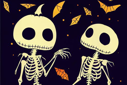 Cute halloween skeleton cartoon. Skeleton in halloween day. Halloween character cartoon. Happy halloween greeting card.