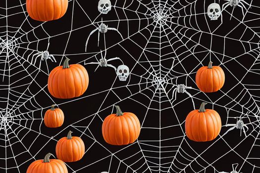 Set of witch hats, pentagram, spider, web, bat, skull and inscription halloween. Halloween concept. Halloween seamless background with witch hats, spider, spiderweb, bat, skull and pentagrams.