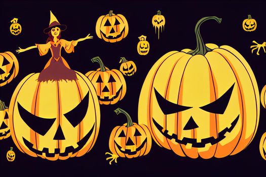 Cartoon set of halloween elements a witch on a broomstick, bones, a pumpkin, a vampire, a ghost, a cauldron with a potion, a zombie. Halloween Raster illustration.
