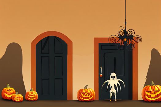 Halloween design. Entrance door decorated for Halloween. Carved pumpkin, bat, spider and ghost silhouette near front door. Raster illustration