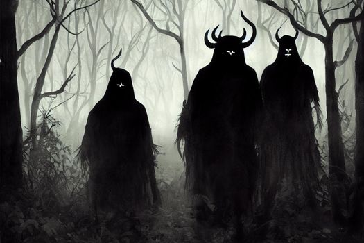 A black silhouette of a sinister trio of shamans in the middle of a foggy swampy forest, their eyes mysteriously glow in the dark, they are dressed in ethnic clothes with masks and horns. 2d art