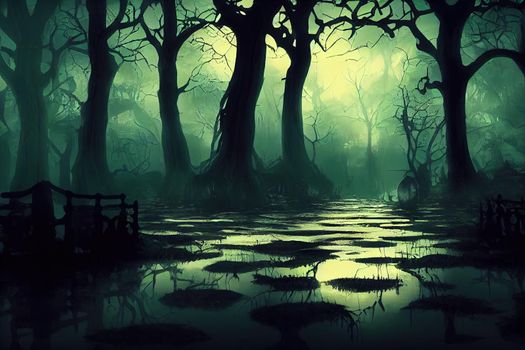 3D Rendering illustration of a creepy haunted mansion in a swamp at night high contrast image, Anime Style